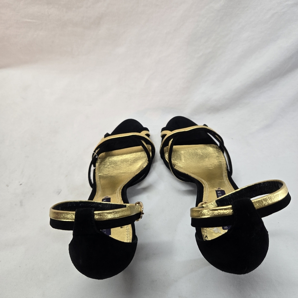 Ralph Lauren Collection Purple Label 10B Black Gold Leather Ankle Straps Heels - Picture 6 of 11